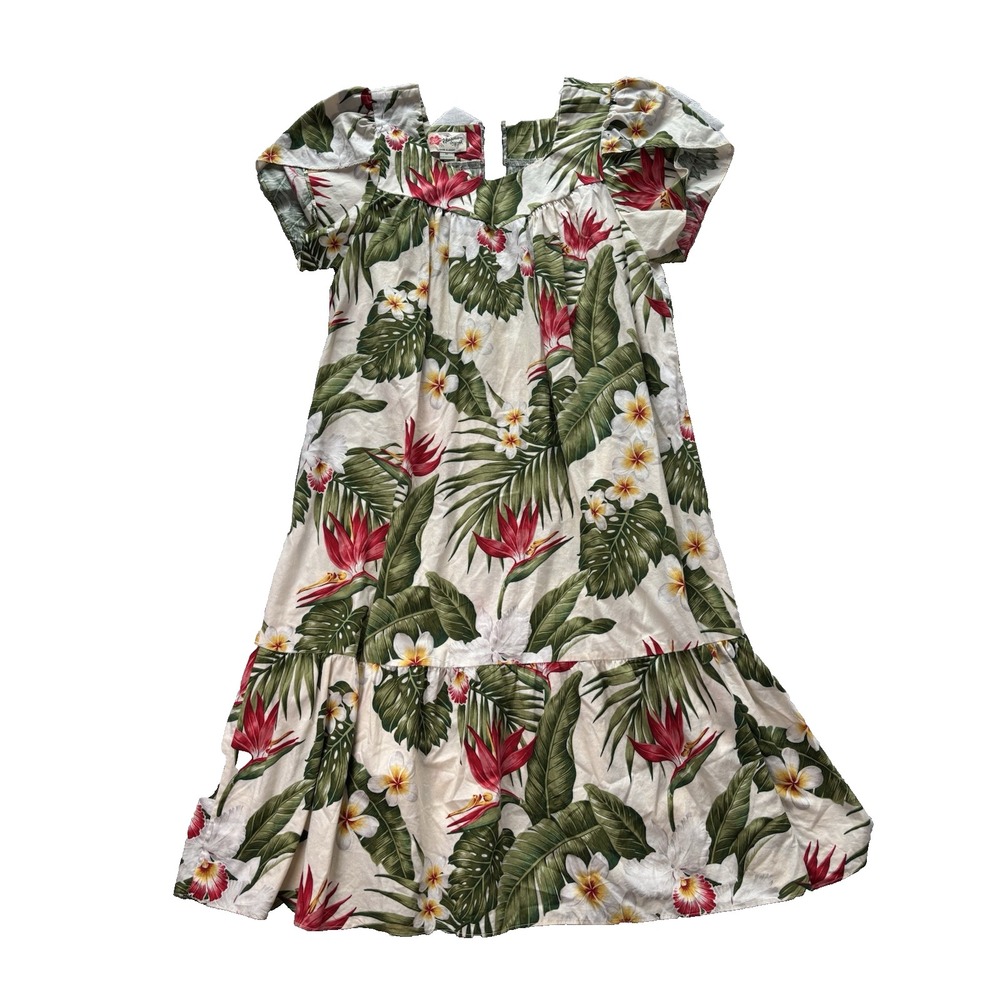Hilo Hattie Hawaiian Dress Medium Muumuu Ruffle‎ Puff Sleeve Floral Palms Birds